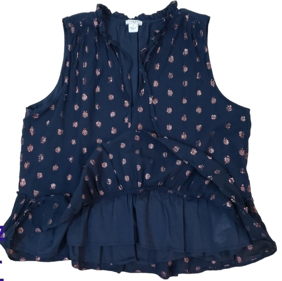 J.Crew~Woman Size M~Navy Blue w/Metallic Ruffle Bottom Top Sleeveless Shirt. - Picture 1 of 12